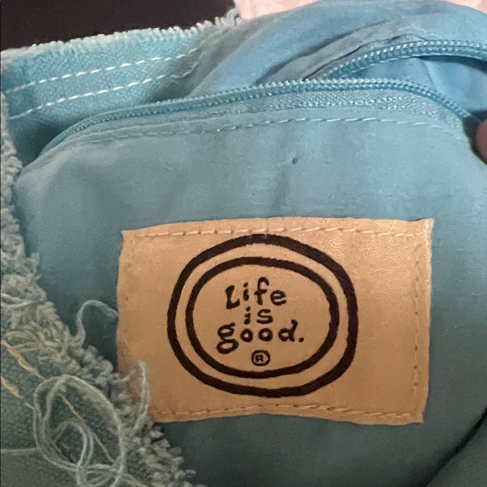 Life Is Good Turquoise Tote with Pink Floral Accent - Picture 2 of 9
